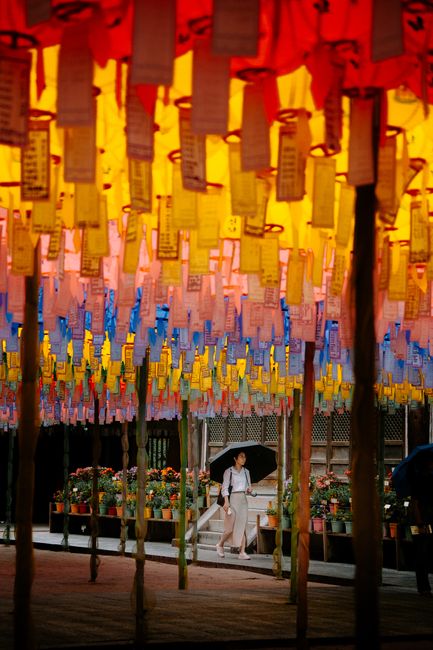 A woman under vibrant hanging lanterns in an Asian alley, adding cultural vibrance.