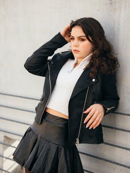 Fashionable woman in a black leather jacket leaning against a wall outdoors.