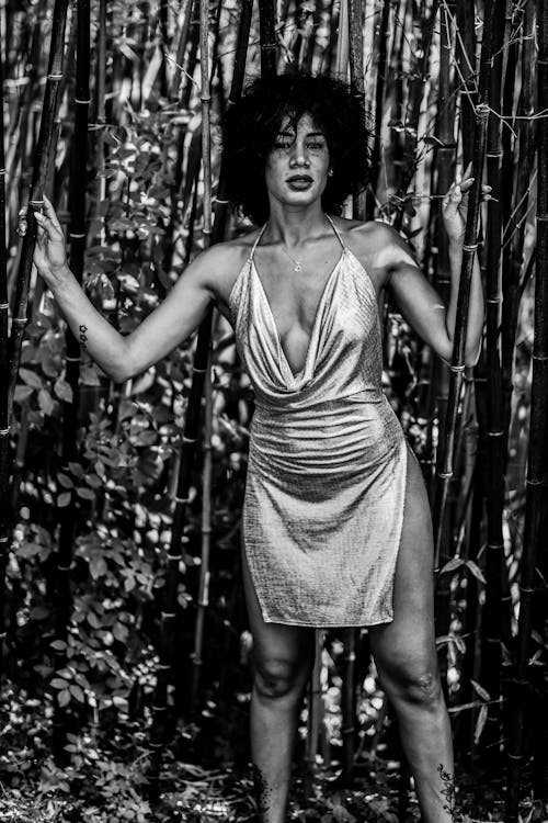 Model in Dress Posing among Bamboos
