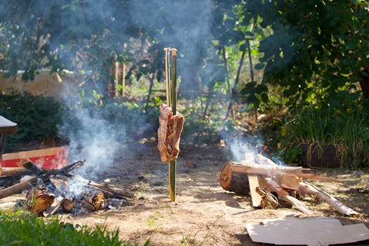 Smoky outdoor cooking scene with firewood and meat over open fire, perfect for summer gatherings.
