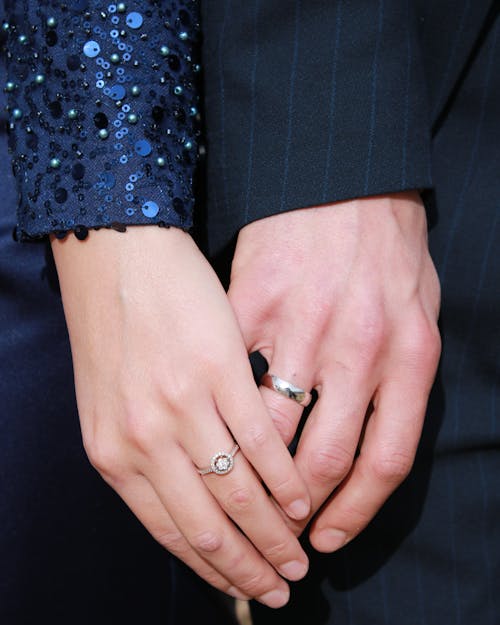 Close-up of an Elegant Couple Wearing Rings Holding Hands