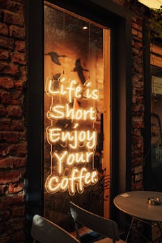 Neon sign reads 'Life is Short, Enjoy Your Coffee' on a café's brick wall interior.