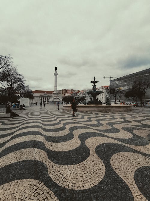 Sul do Rossio Fountain and Column of Pedro IV in a Square in Lisbon
