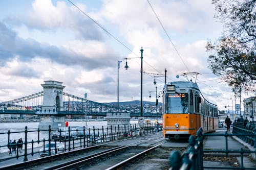 Vintage Tram near River in Budapest