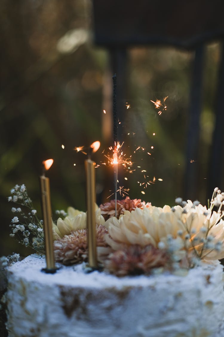 Birthday Cake With Flowers And Sparkler