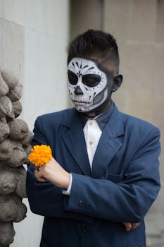 Man in a sugar skull makeup holding a marigold, celebrating Dia de los Muertos in Mexico.