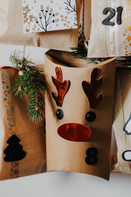 Close-up of decorative Christmas advent calendar with reindeer theme, perfect for holiday celebrations.