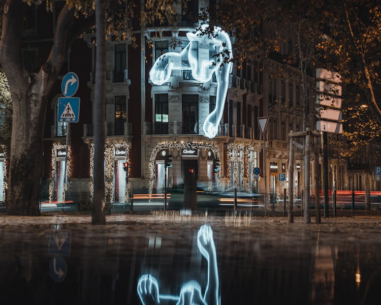 Neon In Shape Of Tiger On A Tenement In Lisbon 