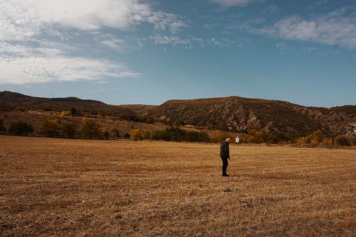 Free Solitary man standing in a vast rural landscape with hills and trees under a clear sky. Stock Photo