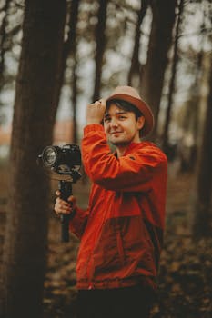 A man with a hat and red jacket holding a gimbal, standing in a forest setting.