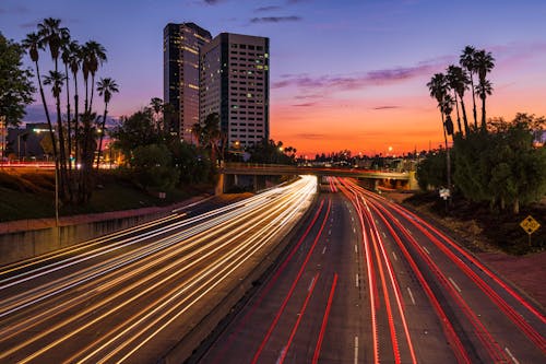 Lights on Highway in City at Sunset