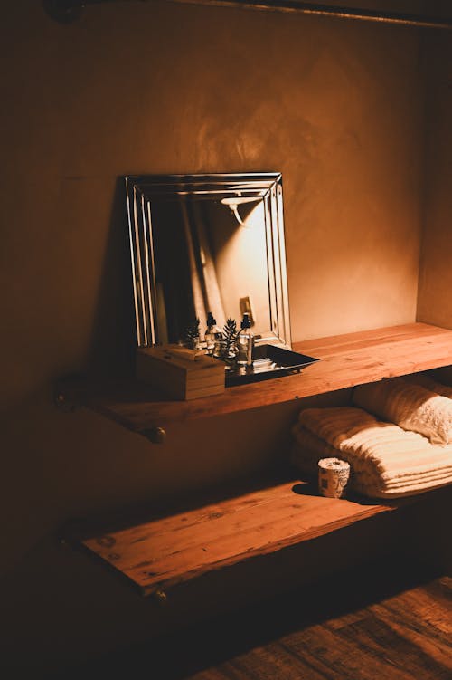 Mirror on Wooden Shelves