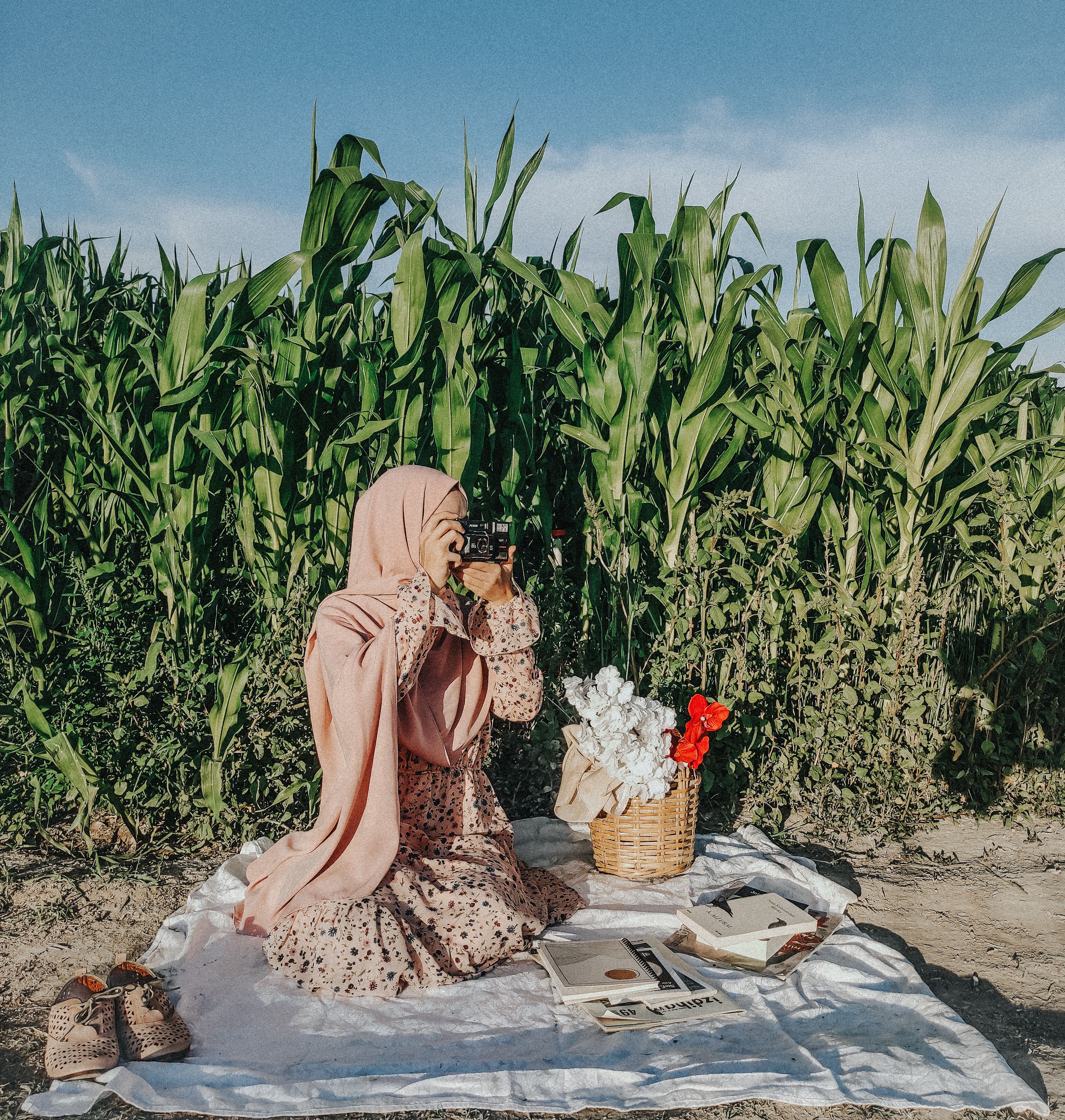 Woman in hijab with camera sitting on blanket in cornfield during a sunny summer day.