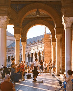 Dynamic street performance at Plaza de España, showcasing Spanish culture and architecture.