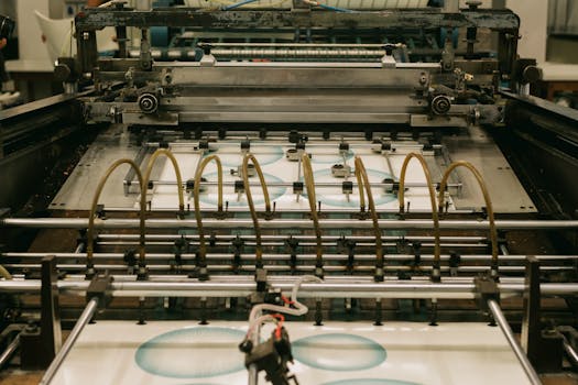 Close-up of an industrial printing press producing designs.