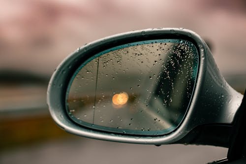 Raindrops on Side Mirror of Car