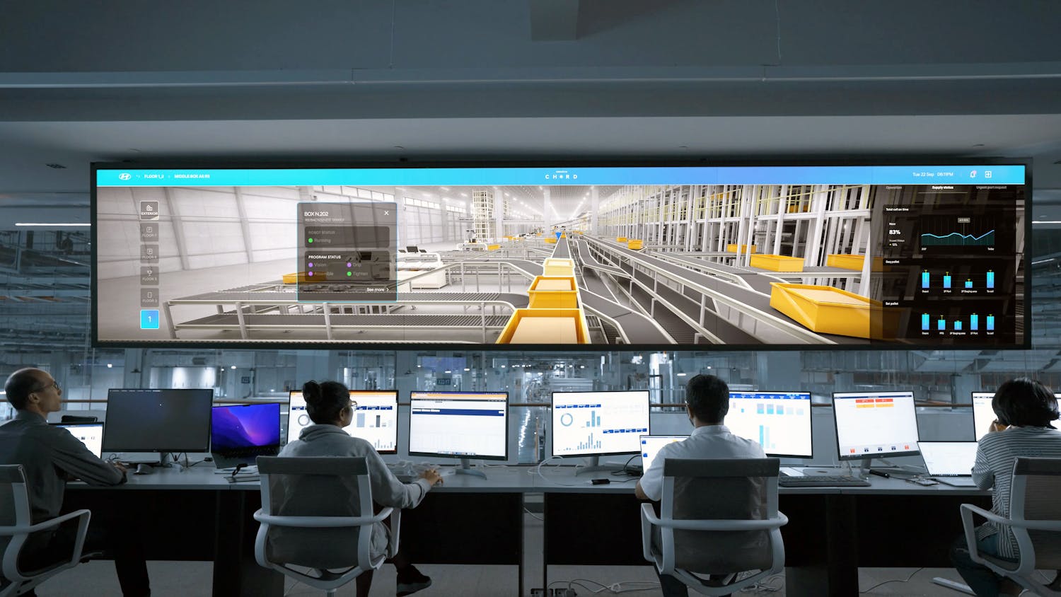 Modern control room with people monitoring digital displays and computer systems