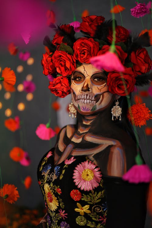 Mexican Catrina with Red Roses in Hair