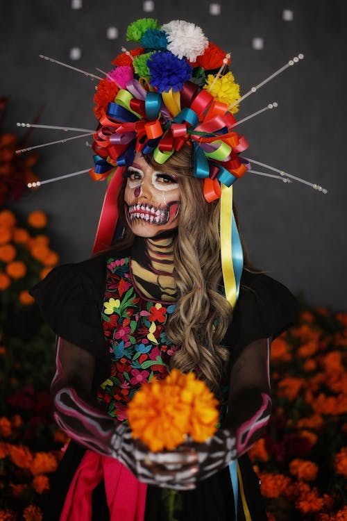 Woman in Beautiful Costume for Dia de Muertos