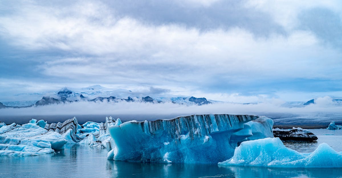 Stunning view of icebergs floating in a serene Icelandic lagoon under a cloudy sky.