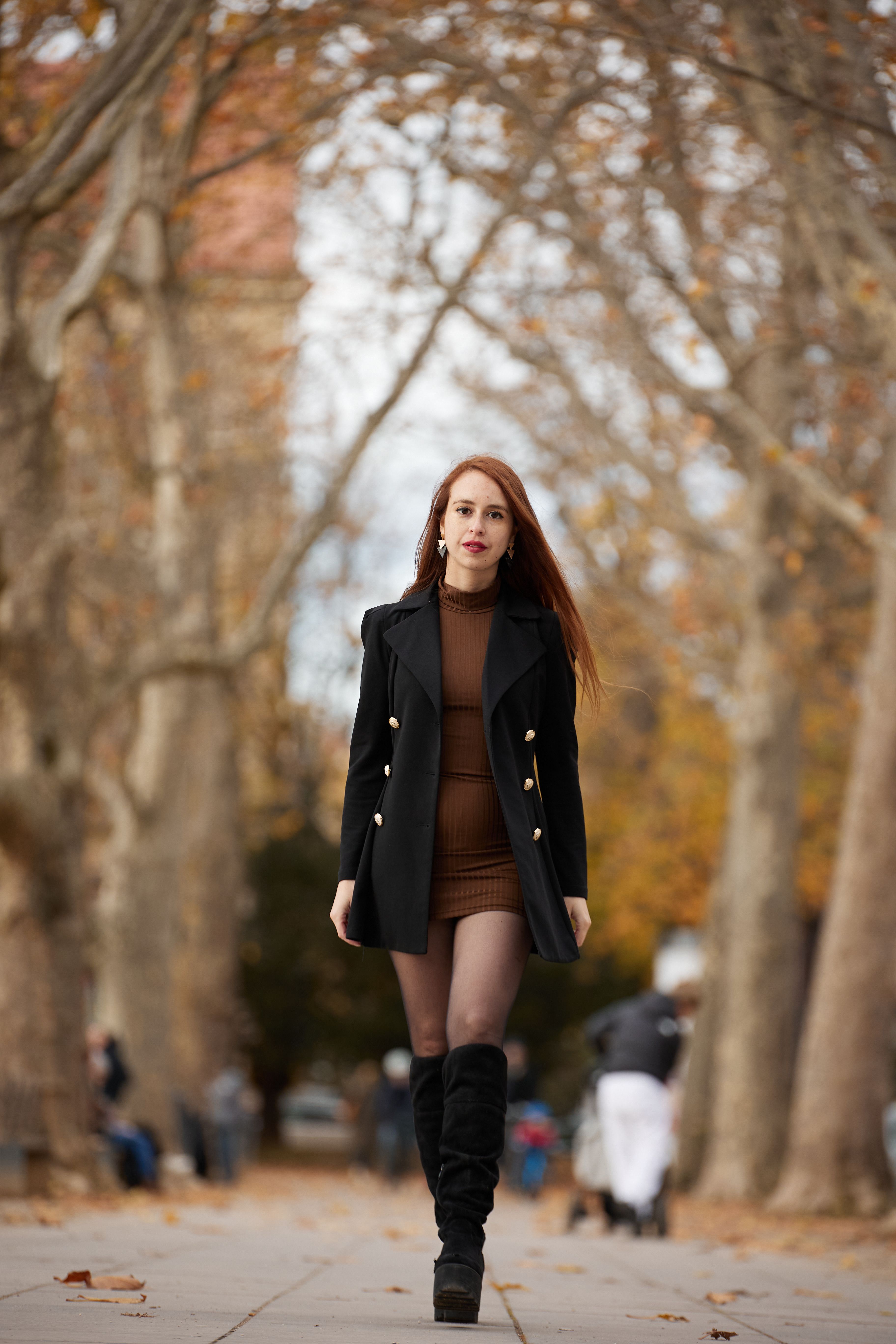 Woman in Black Knee Boots, Brown Tied Dress and Black Coat · Free Stock ...