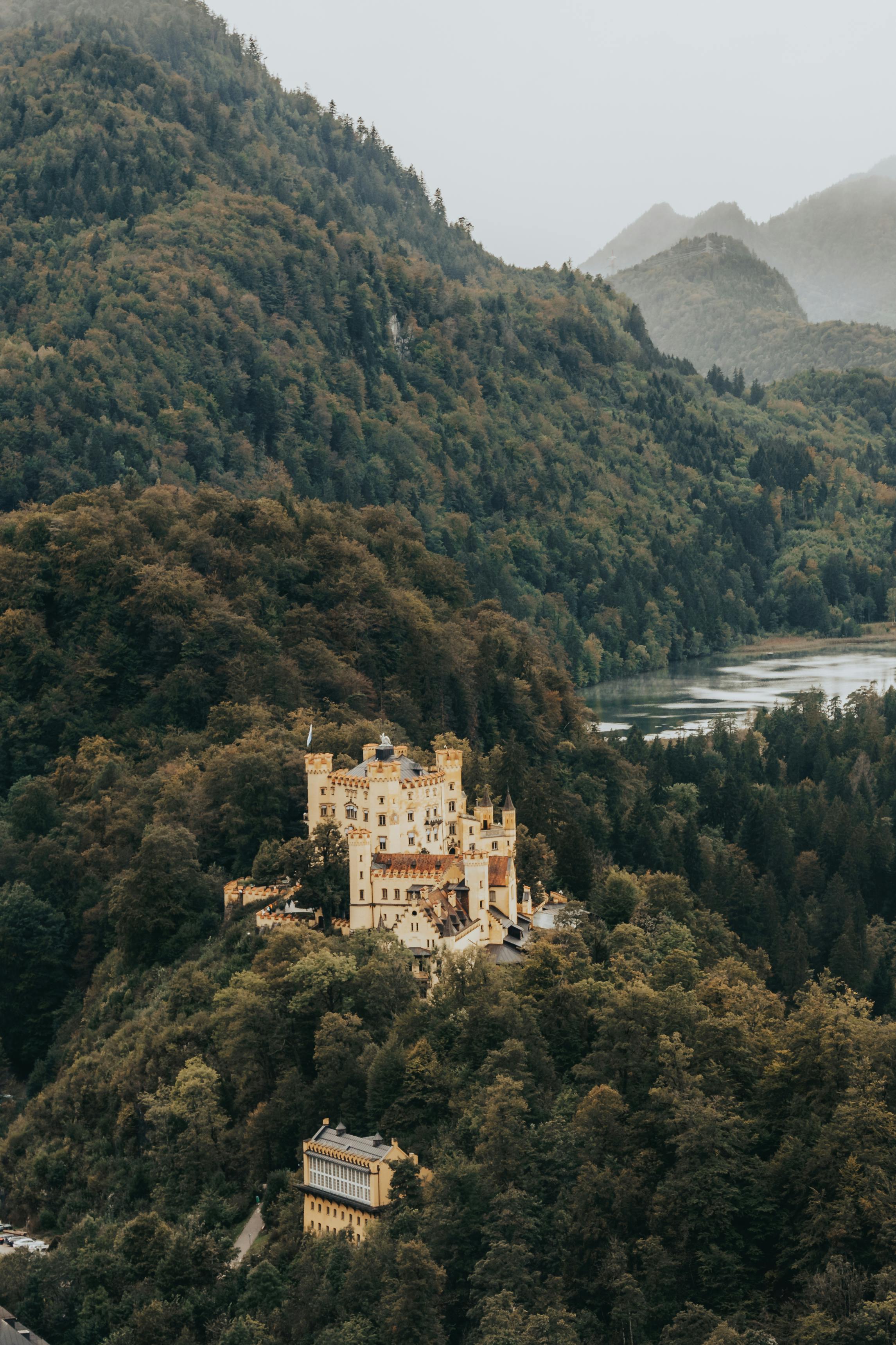Stunning aerial view of Hohenschwangau Castle nestled in the lush Bavarian forest.