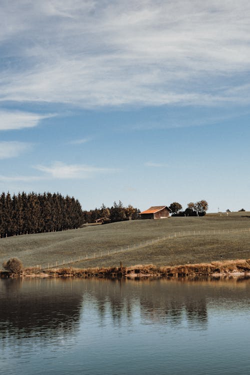 Wooden Hut on Field by Lake