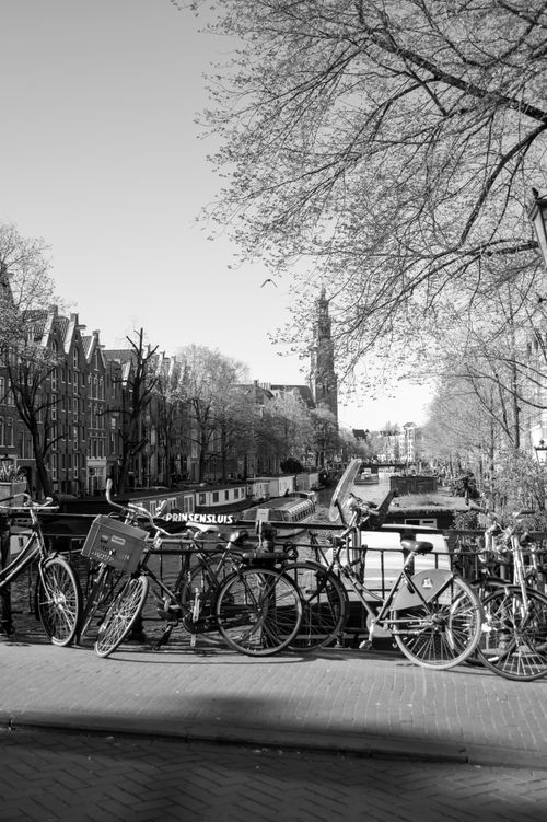Free Scenic view of Amsterdam canal with bicycles and historic architecture in black and white. Stock Photo