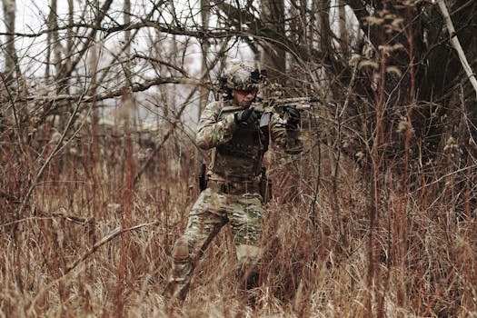 秋天，穿着迷彩服的武装士兵穿过了茂密的森林