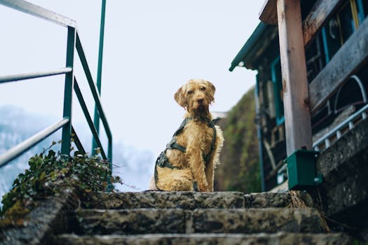 A dog wearing a harness sits on stone steps with mountains in the background.