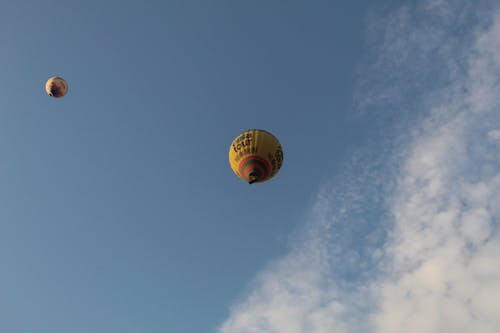 Hot Air Balloons Flying against Blue Sky 