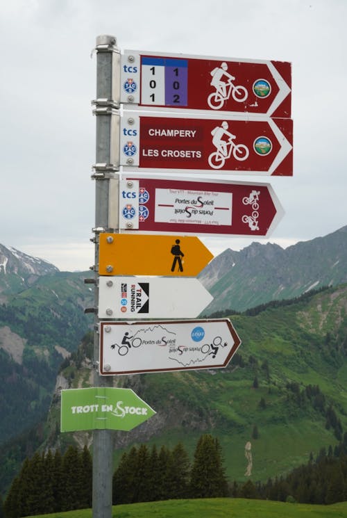 A Signpost with Trail Directions in Mountains 