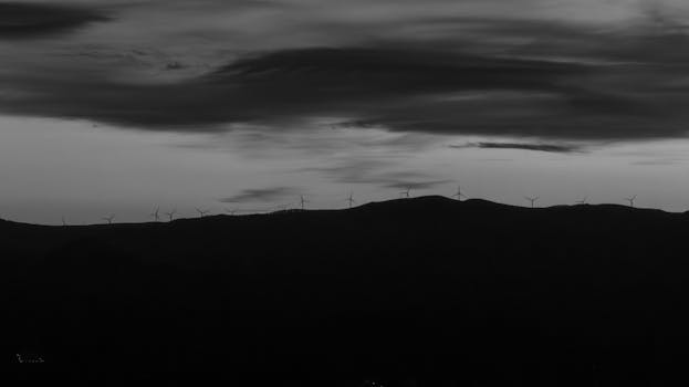 Serene black and white landscape featuring windmills on a distant hill under cloudy sky.