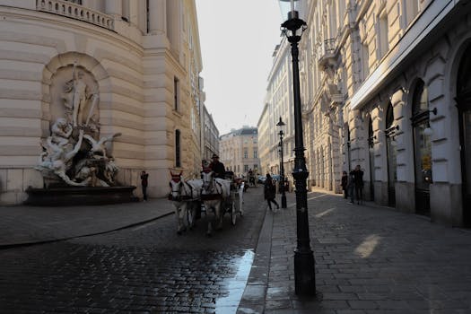 Classic horse-drawn carriage on a charming street in Vienna, showcasing historic architecture.
