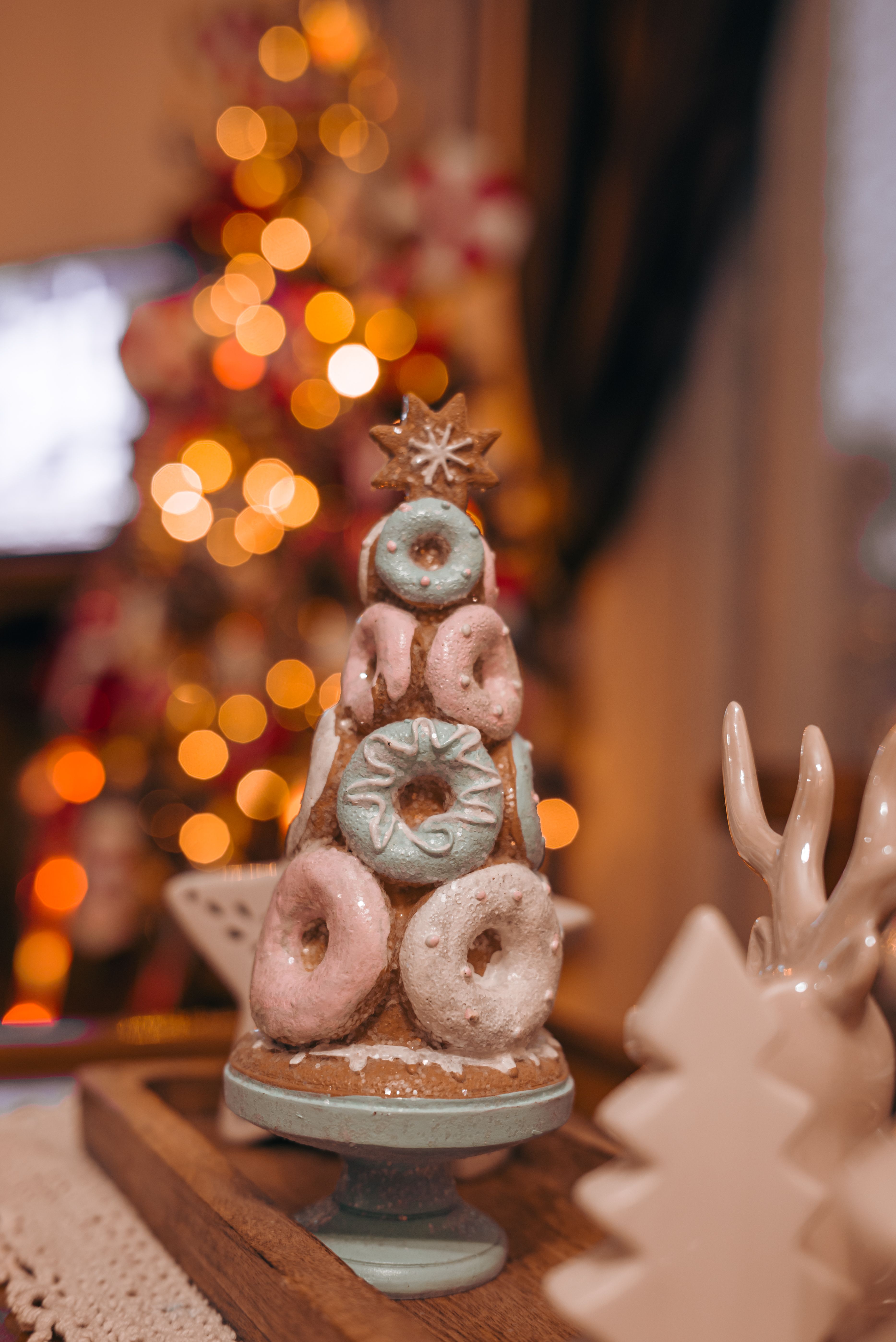 tiered donut tower decorated for a party