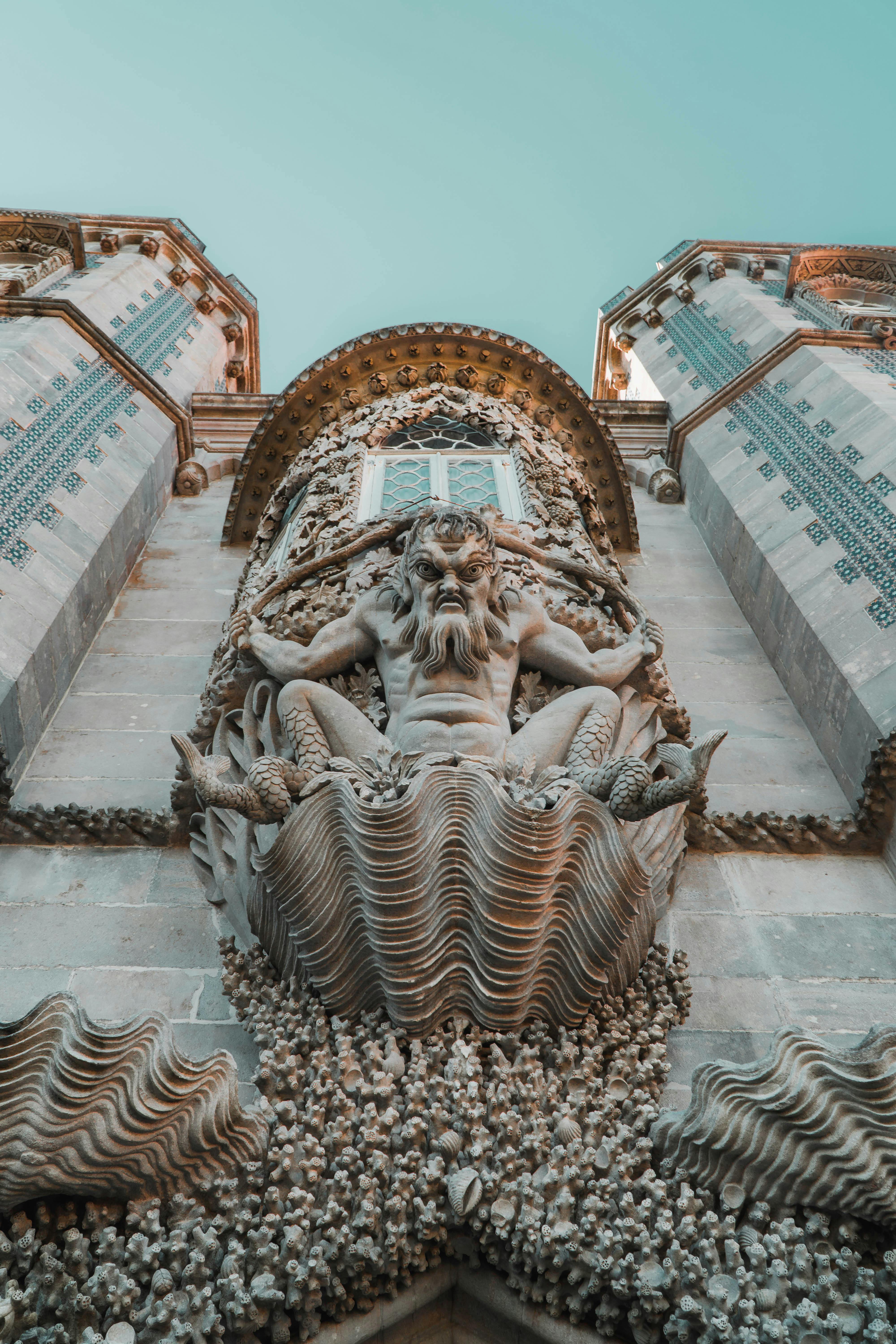 sculpture on building wall in sintra in portugal