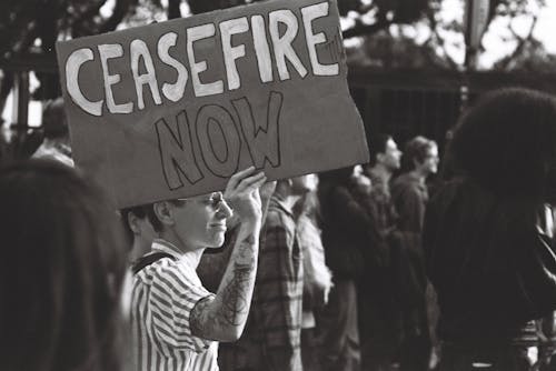 Man with Banner in Black and White