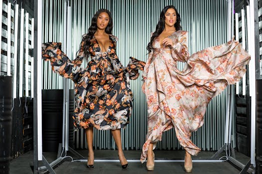 Two models in stylish patterned dresses posing in a studio environment.