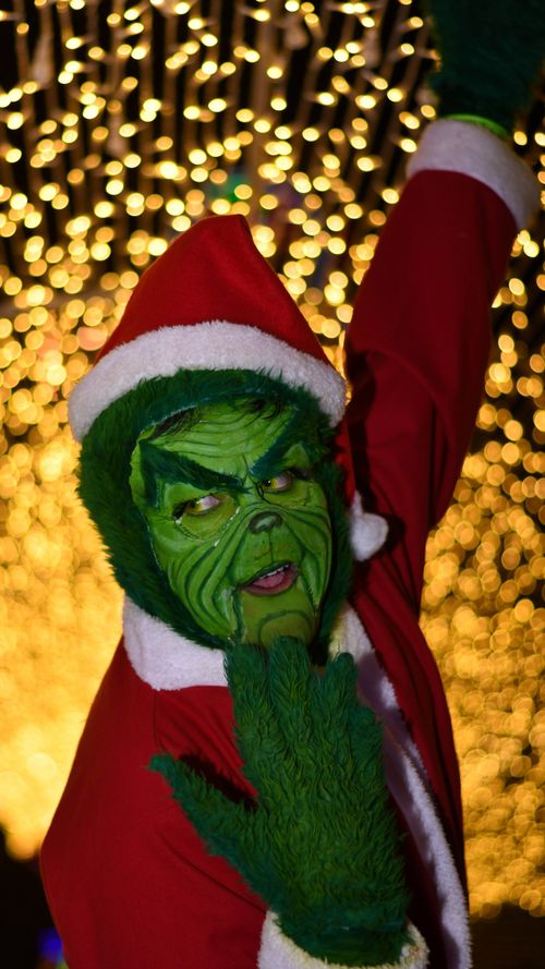 Free A person dressed as the Grinch poses playfully with a vibrant Christmas light backdrop. Stock Photo