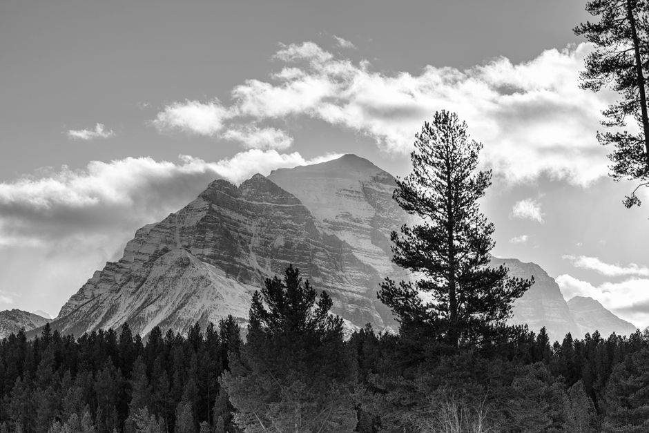 Black and white view of Maroon Bells in Colorado's Elk Mountains with snowcapped peaks.