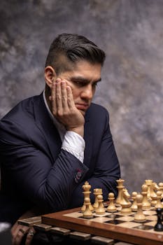 A thoughtful man in a suit contemplates his next chess move against a gray backdrop.