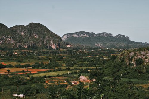 Free Beautiful rural landscape with fields, trees, and mountain backdrop under a clear summer sky. Stock Photo