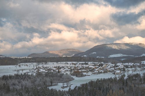 Town Surrounded by a Forest in the Valley in Winter
