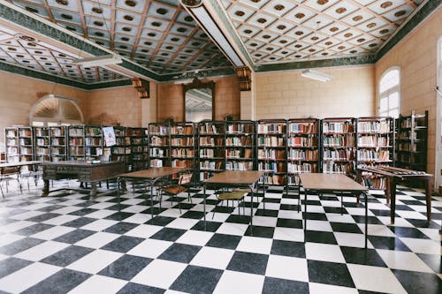 Library Hall with Tables Bookcases and Librarian Desk