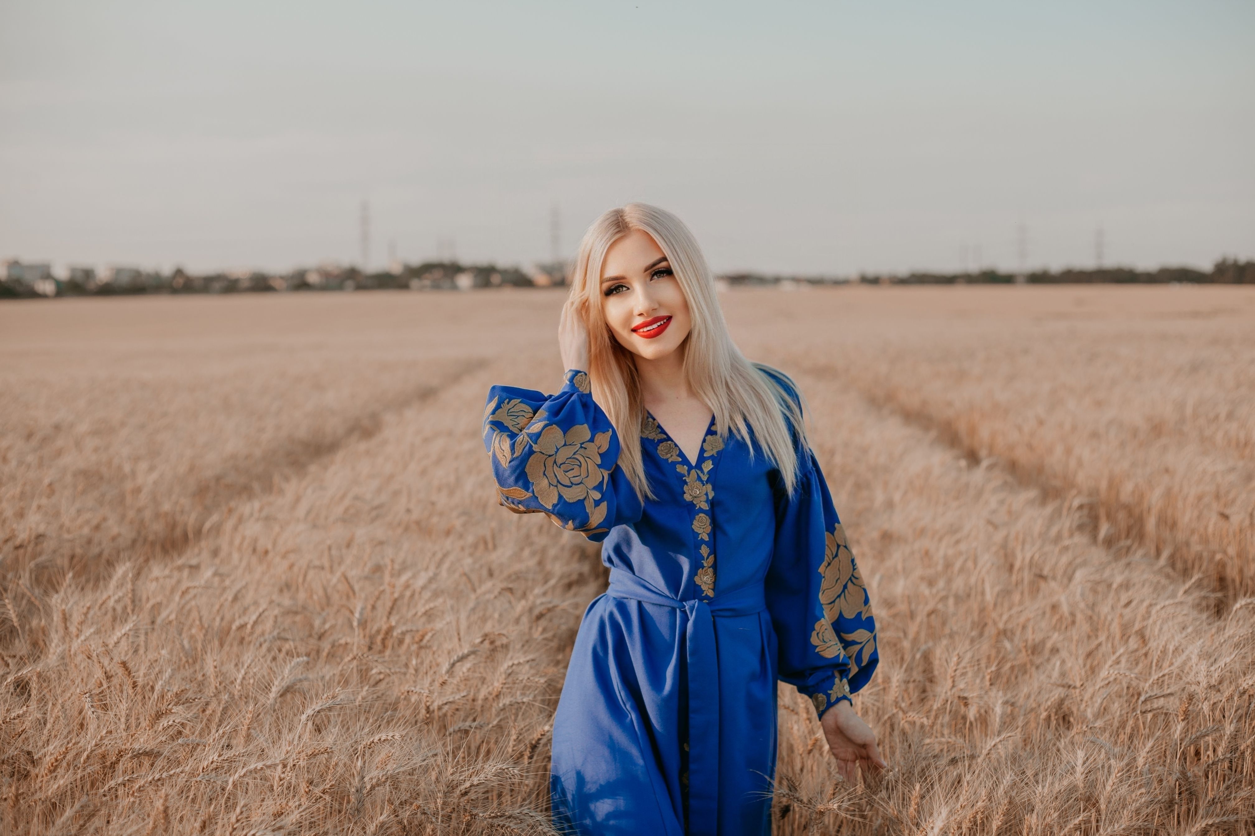 A blonde woman in a blue dress in a wheat field · Free Stock Photo