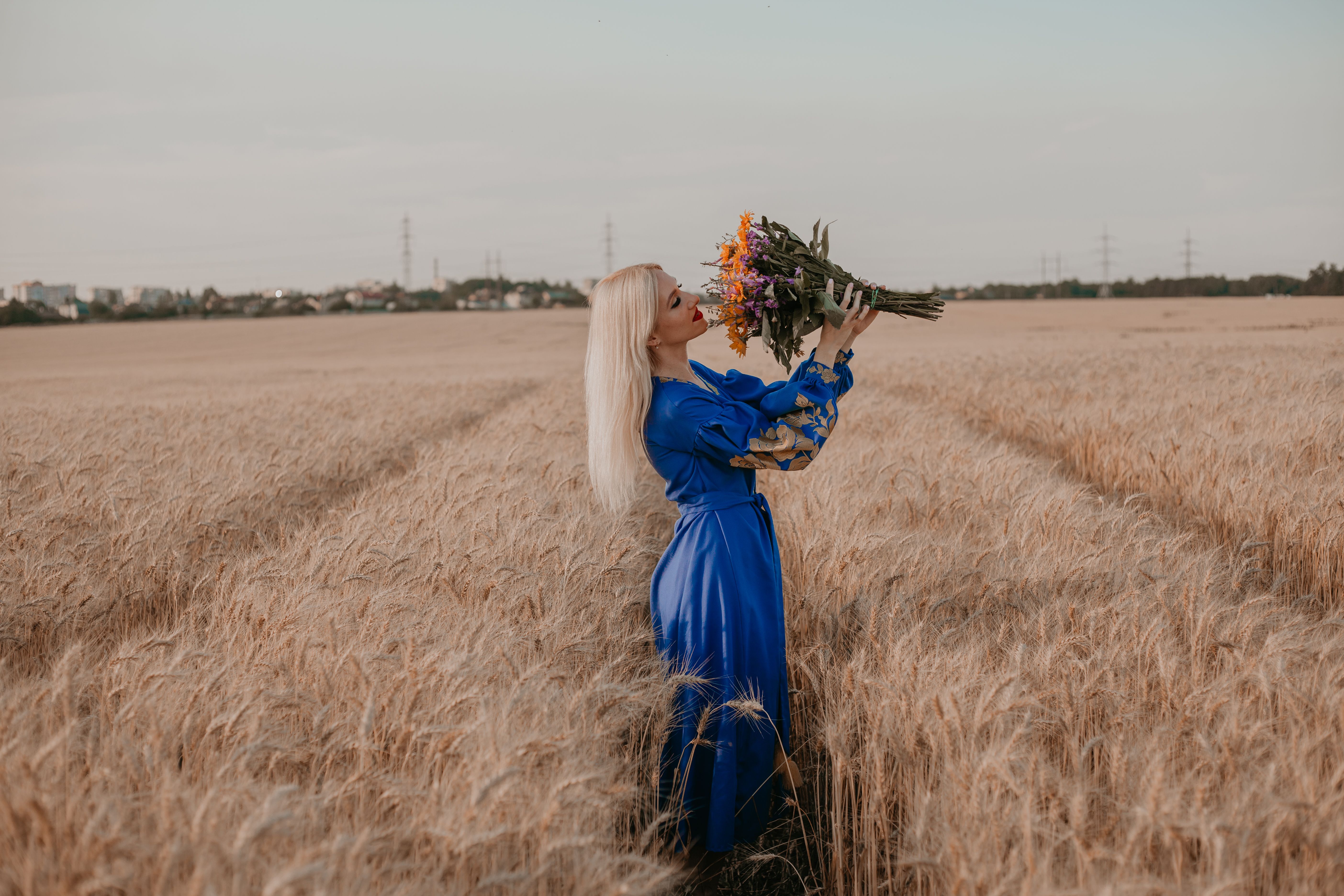 A woman in a blue dress is standing in a wheat field · Free Stock Photo