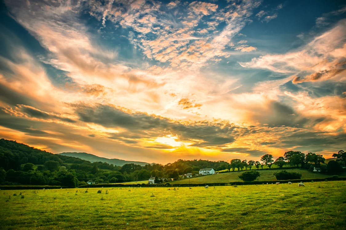 Free Grey Cloudy Sunset Sky over the Farm Field Stock Photo