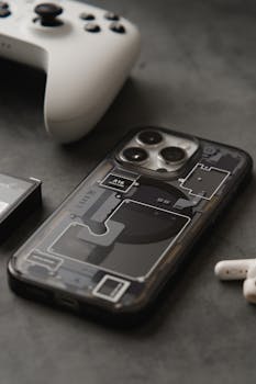 A sleek smartphone with a transparent case alongside a gaming controller, perfect for tech enthusiasts.