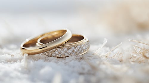 Close-up of Wedding Rings Lying on a Snowy Surface