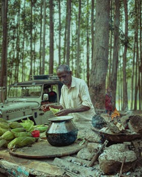 Elderly man cooking in Idukki forest with rustic fire setup, jeep visible in background.